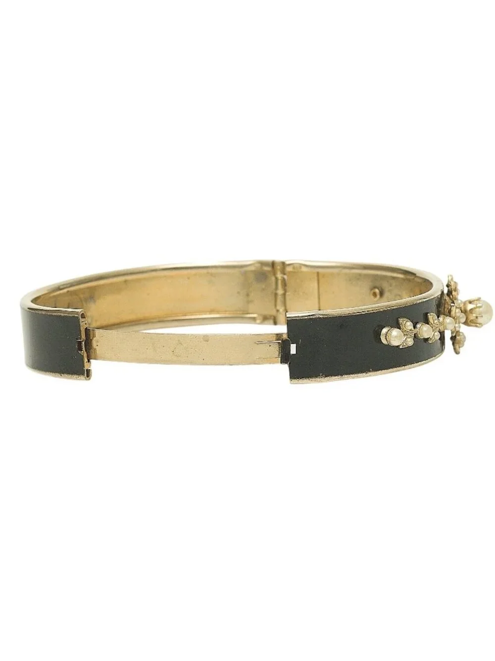 Vintage Victorian Revival Bangle Bracelet Black Enamel Faux Pearl Goldplate